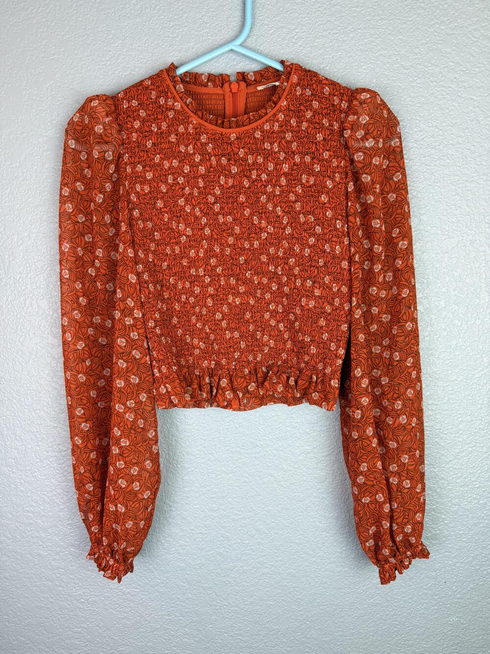 Wilfred Blouse Womens XXS Orange Floral Smocked Puff Sleeve Cropped Chiffon Top